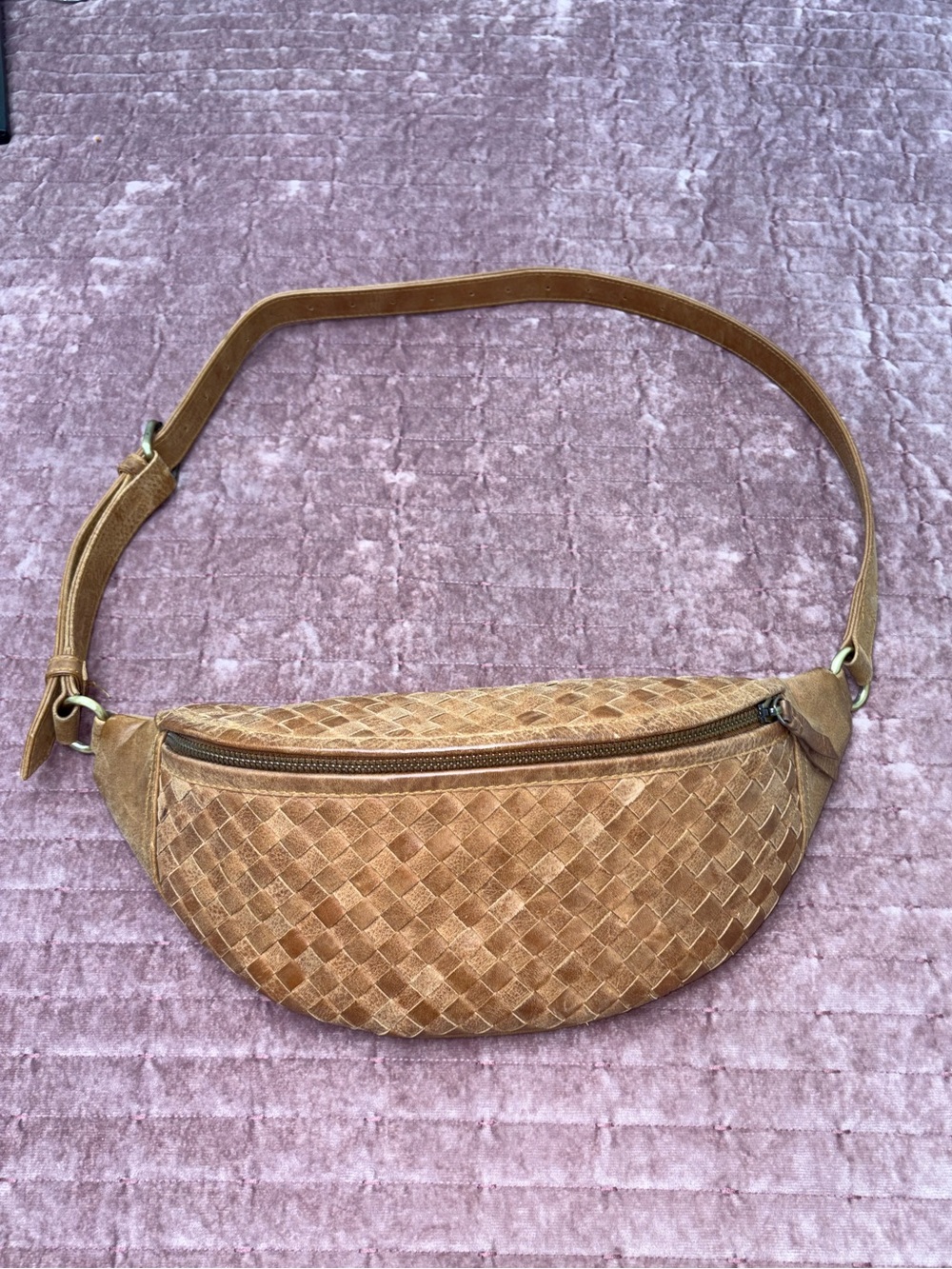 Mandrn Woven Leather Crossbody Belt Bag - Saddle Light